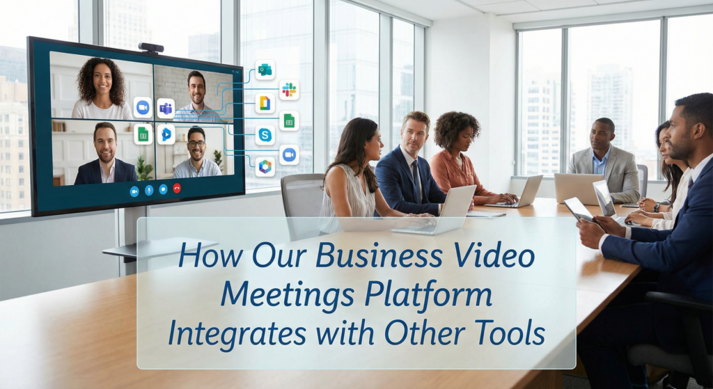 Team of professionals in a conference room participating in a hybrid meeting using a business video meetings platform integrated with multiple collaboration tools.