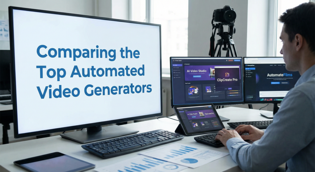 Person at a workstation with multiple monitors and a tripod-mounted camera, comparing AI video tools to choose the best Automated marketing video generator.