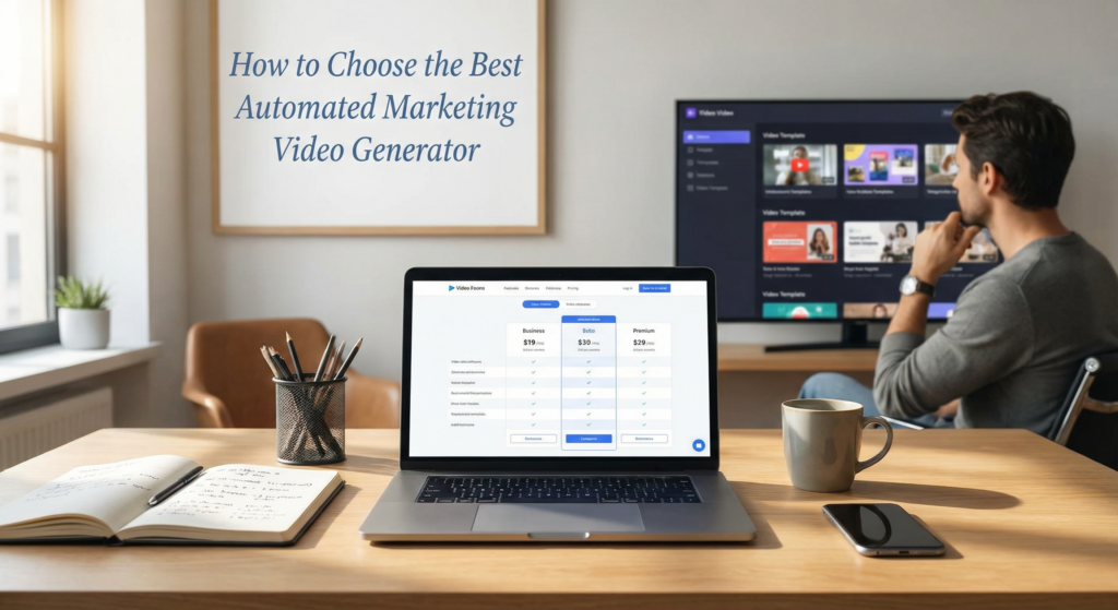 Desk with laptop, notebook, phone, and mug; person reviewing video templates on a TV, comparing tools to pick the best Automated marketing video generator.