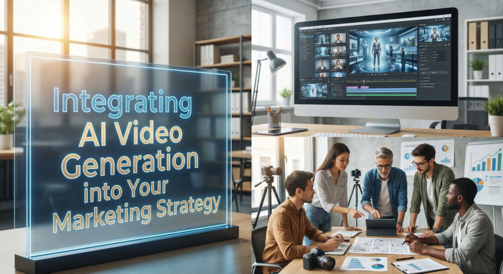 Split image of a modern office—illuminated glass sign on a desk, a desktop showing video editing with a 3D character, and a team collaborating with cameras and charts.