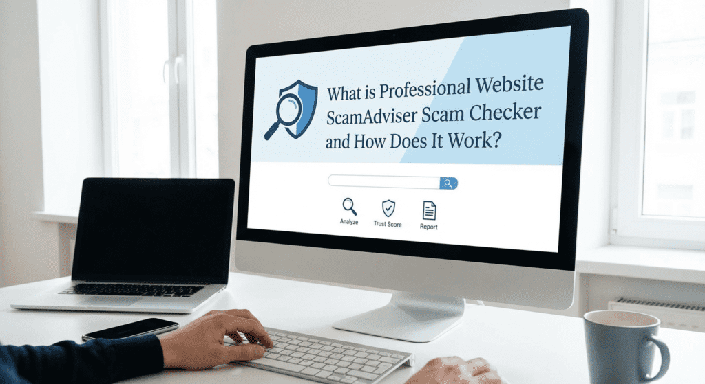 Using the Professional ScamAdviser scam checker on a desktop computer to verify website safety and detect potential online scams