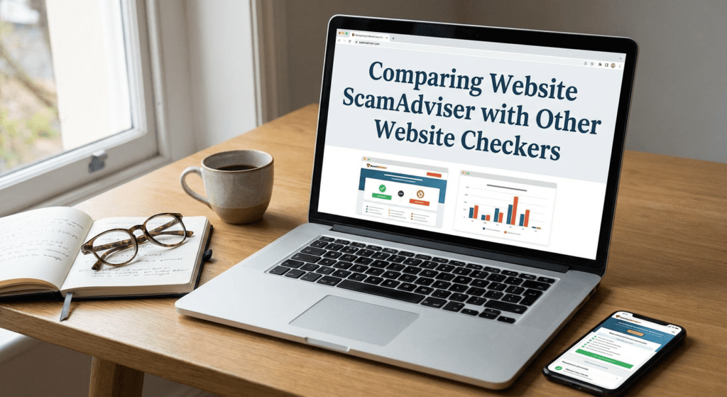 Comparing the Professional ScamAdviser scam checker with other website checkers on a laptop screen