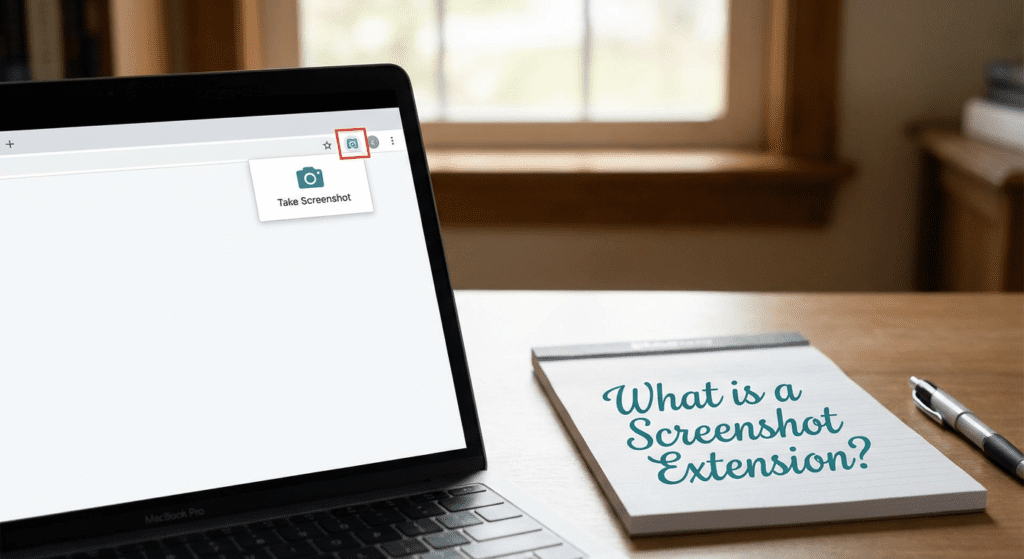 Browser window showing a screenshot extension icon with 'Take Screenshot' tooltip, next to a notepad asking 'What is a Screenshot Extension?'
