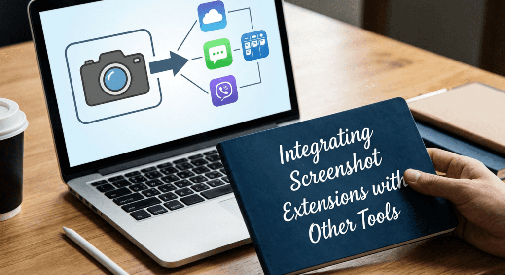 Laptop screen showing diagram of app integration with a screenshot extension, while a person holds a notebook titled 'Integrating Screenshot Extensions with Other Tools'.