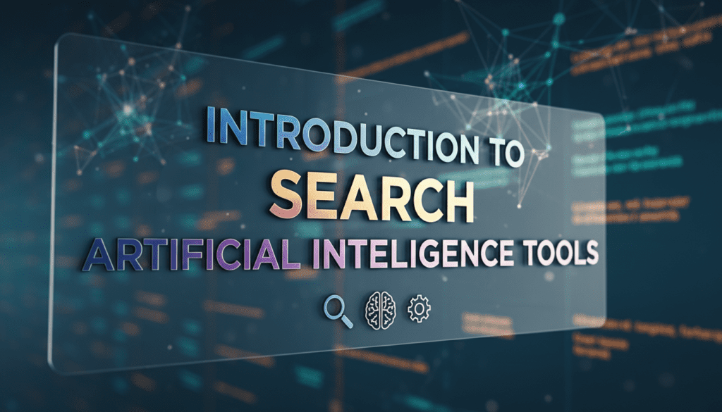 Futuristic digital interface representing the concept of search artificial intelligence tools used for enhanced online information discovery.