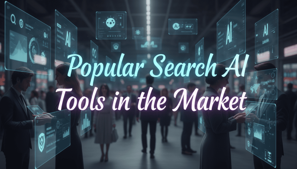 Business professionals interacting with digital interfaces showcasing search artificial intelligence tools available in the modern tech market.