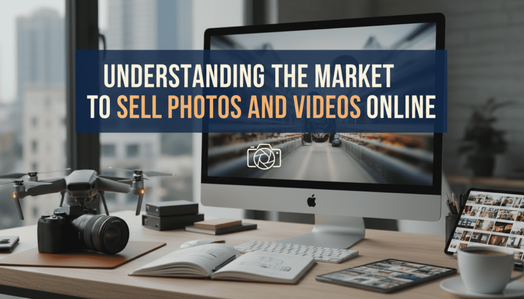 Modern workspace with photography gear, drone, and editing tools used to understand the market and successfully sell photos and videos online.
