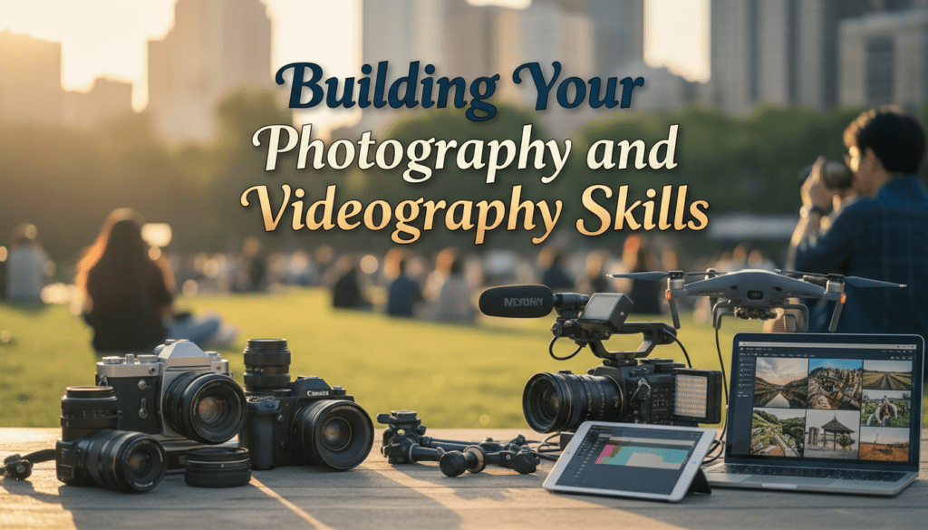 Outdoor setup with photography and video equipment used to build creative skills and prepare to sell photos and videos online professionally.