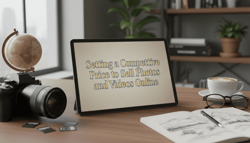 Workspace with camera gear, notebook, and tablet displaying pricing strategies used by creators who sell photos and videos online professionally.