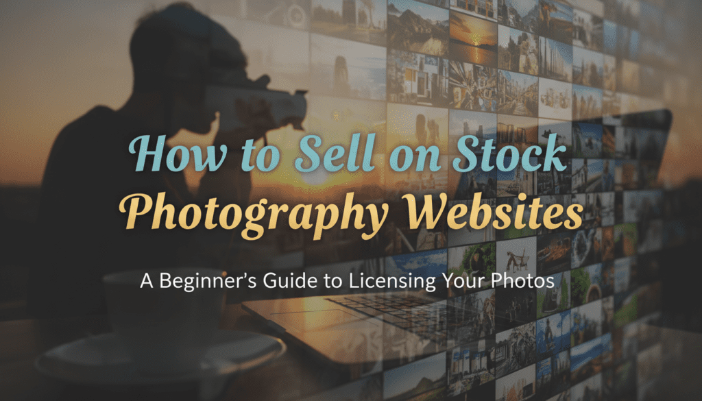 Photographer reviewing a large digital photo wall on a screen, with a coffee cup and laptop nearby in a creative workspace at sunset.