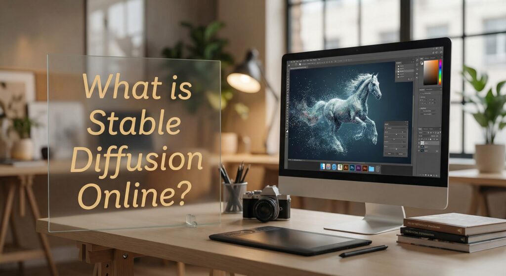 What is Stable Diffusion Online displayed on a glass panel next to a desktop computer showing AI-generated horse artwork created with Stable Diffusion online.