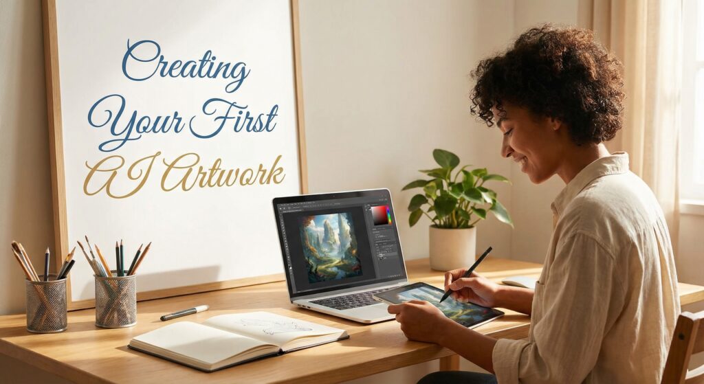 Woman creating AI artwork using Stable Diffusion online on a laptop and drawing tablet at a wooden desk with sketchbook and art supplies.