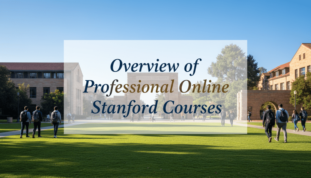 Students walking across Stanford University campus with a text overlay reading "Overview of professional online Stanford courses" highlighting educational opportunities.
