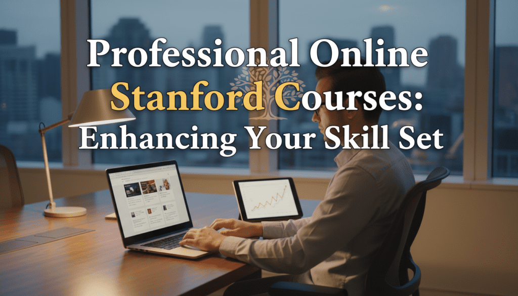 Man working on a laptop in an office setting with graphs and course content on screens, highlighting the benefits of professional online Stanford courses for skill development.