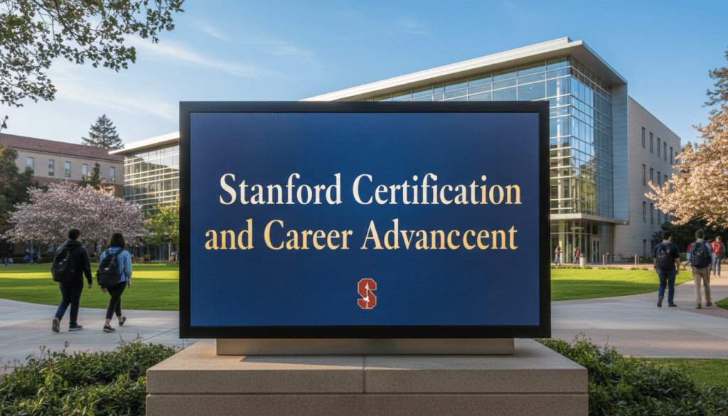 Campus sign reading "Stanford Certification and Career Advancement" in front of a modern university building, representing outcomes of professional online Stanford courses.
