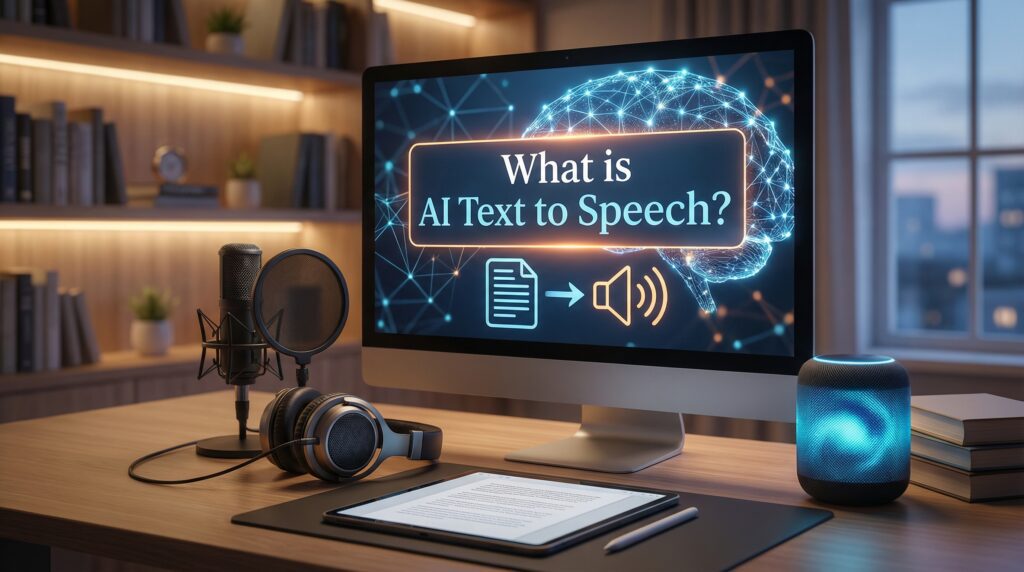 A modern workspace setup featuring a microphone, headphones, tablet, and smart speaker, illustrating the use of AI text to speech technology for audio content creation.
