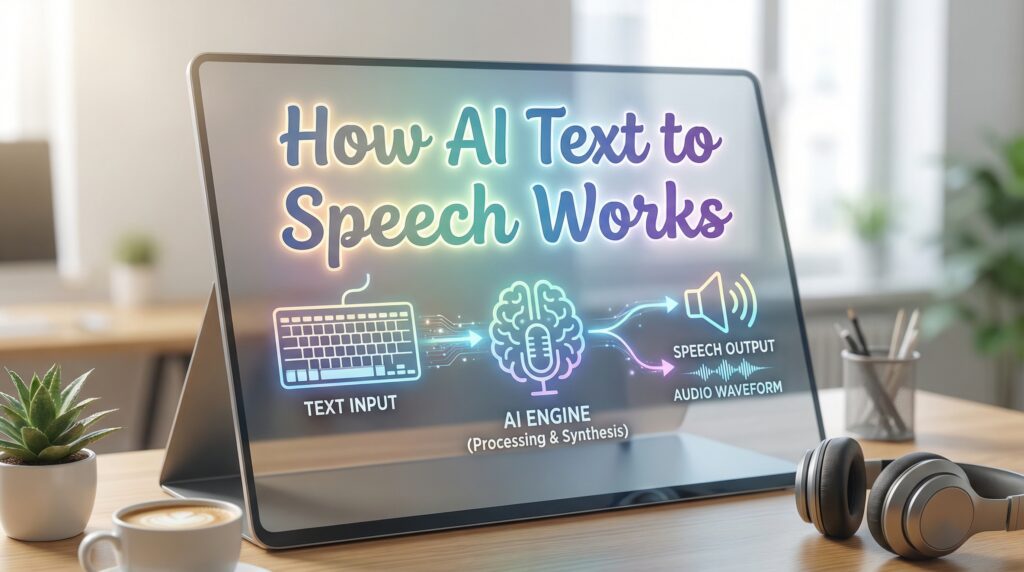 A tablet on a desk displaying a digital diagram of AI text to speech technology workflow, surrounded by headphones, a coffee cup, and a small plant.