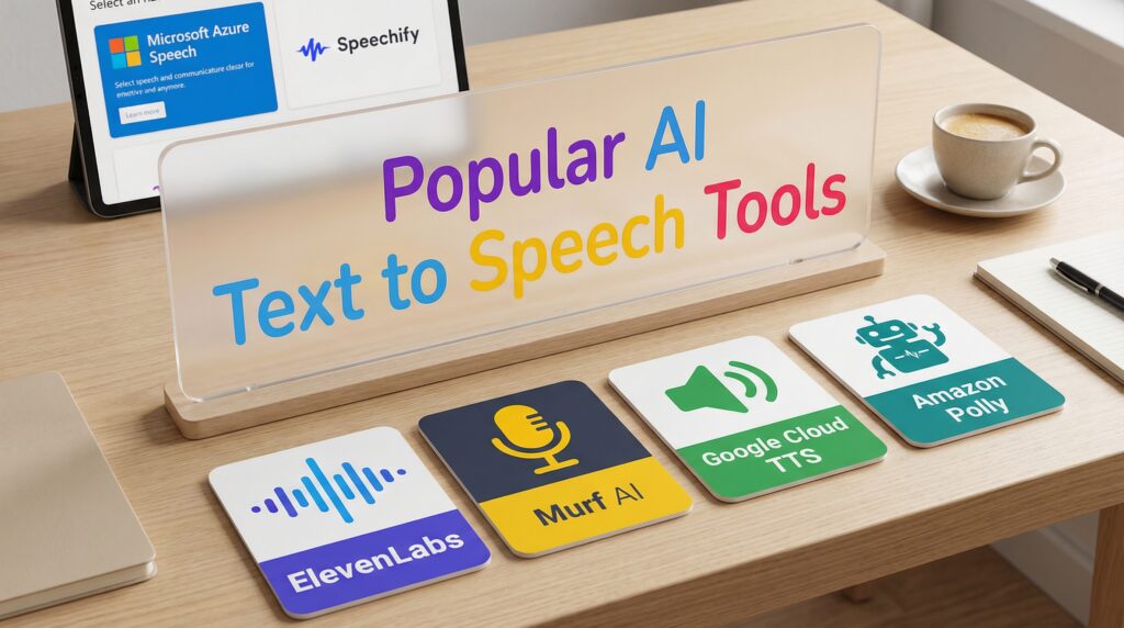 A desk setup showcasing popular AI text to speech tools with branded cards, a tablet, a notebook, and a cup of coffee, highlighting AI text to speech technology.