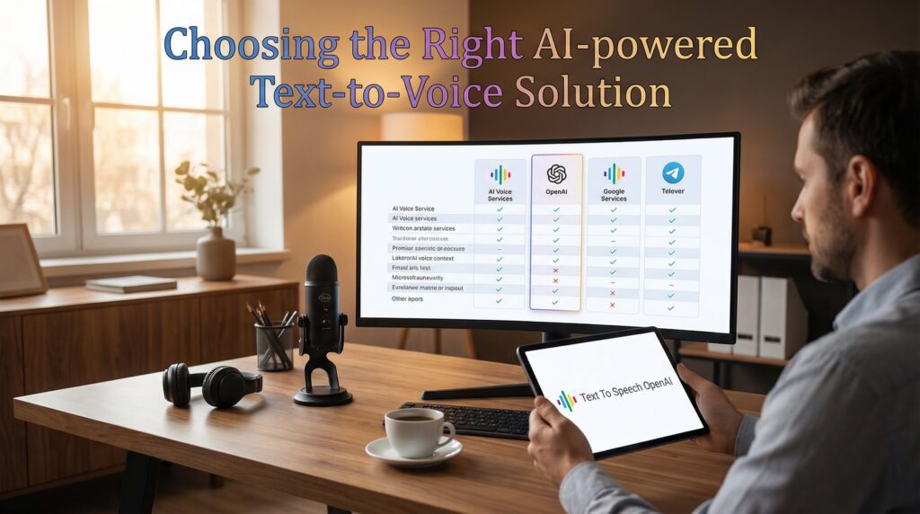 A person sitting at a wooden desk in a cozy, well-lit room, holding a tablet while looking at a large curved monitor displaying a comparison chart, with headphones, a microphone, and a cup of coffee on the desk.
