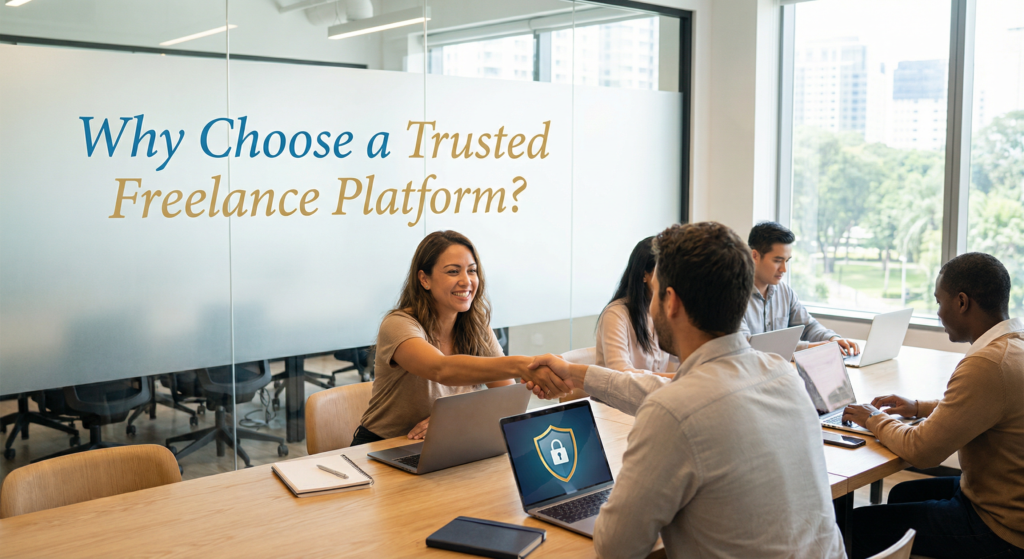 Team of freelancers in a modern glass-walled office, shaking hands over laptops with a security icon displayed, illustrating secure collaboration on a trusted freelance platform.