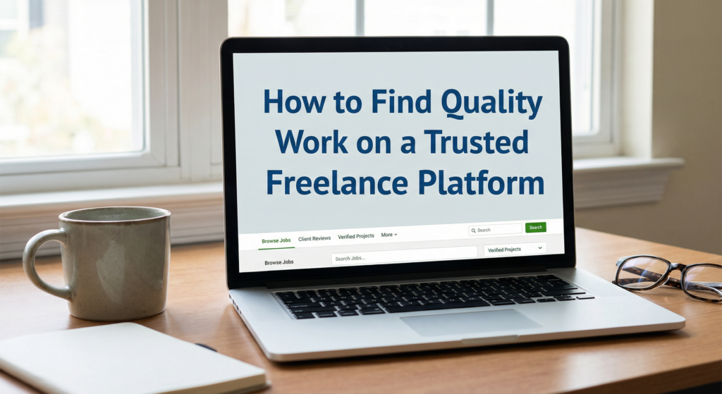 Open laptop on a home office desk beside a mug and glasses, displaying a job search page on a trusted freelance platform.