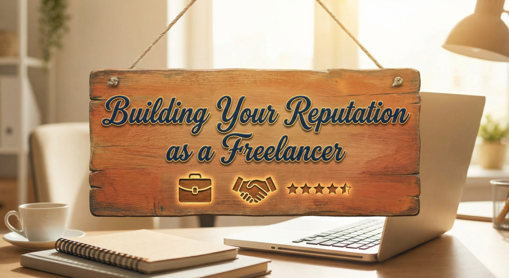 Wooden hanging sign with business icons in front of a laptop on a sunlit home office desk with a notebook and coffee cup.