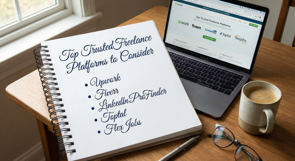 Notebook and laptop on a wooden desk as a freelancer researches which trusted freelance platform to use, with coffee, glasses, and a pen nearby.