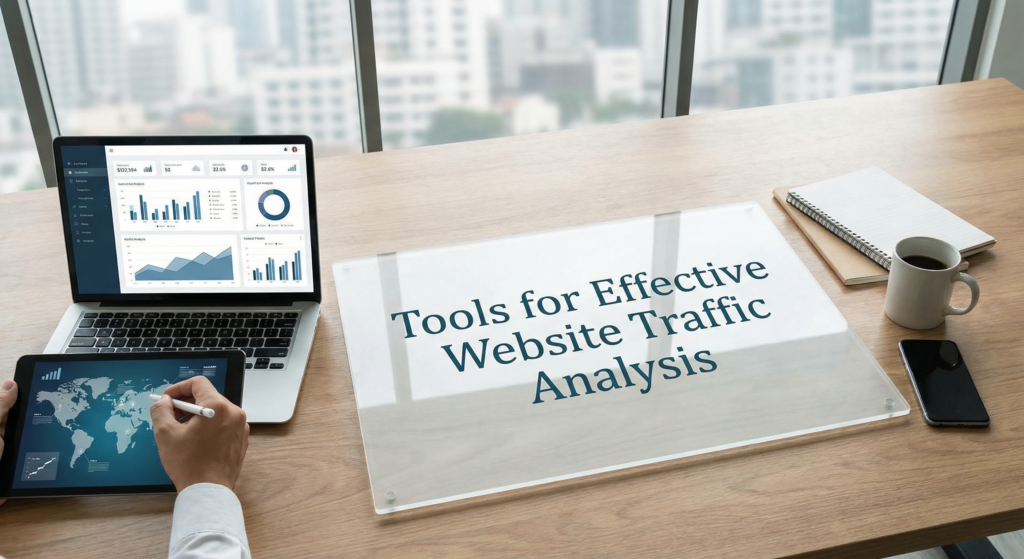 Person using digital devices to explore tools for effective website traffic analysis, with charts displayed on a laptop and tablet in a modern office setting.