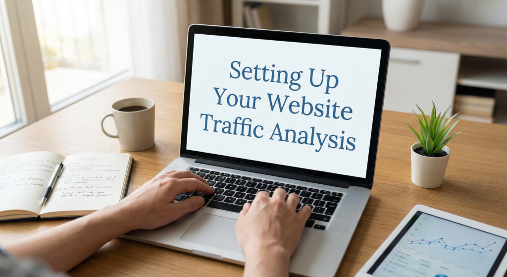 Person setting up website traffic analysis on a laptop, surrounded by a notebook, tablet with charts, coffee cup, and plant on a modern desk.