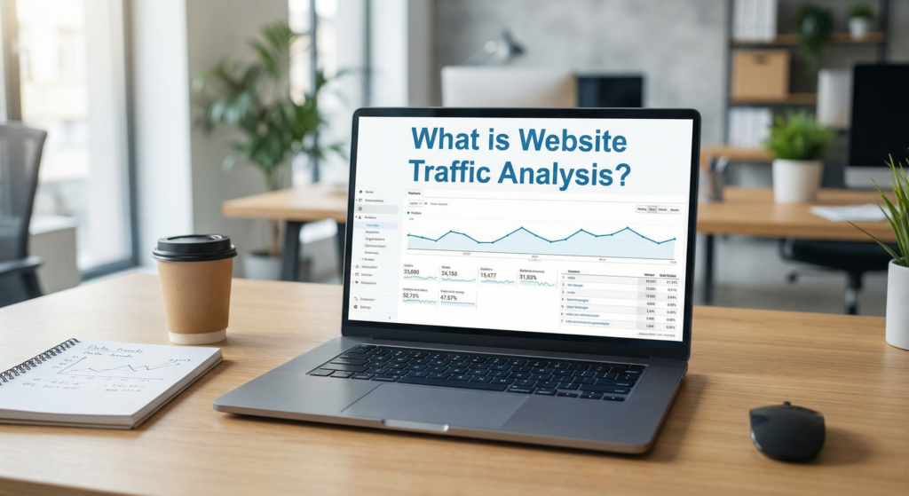 Laptop displaying website traffic analysis dashboard with the title "What is Website Traffic Analysis?" in a modern office setting.
