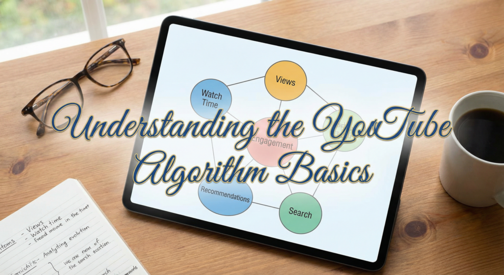 Diagram explaining viewer engagement metrics on a tablet screen with the title "Understanding the YouTube Algorithm Basics" related to the YouTube algorithm update.