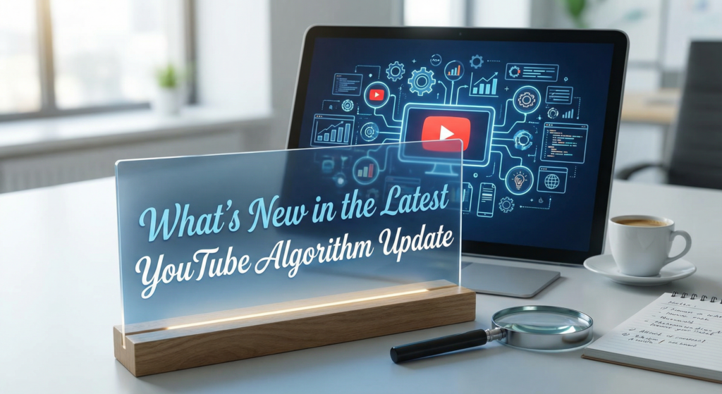 Glass sign on a modern desk displaying tech-related message next to a laptop with charts and a magnifying glass.