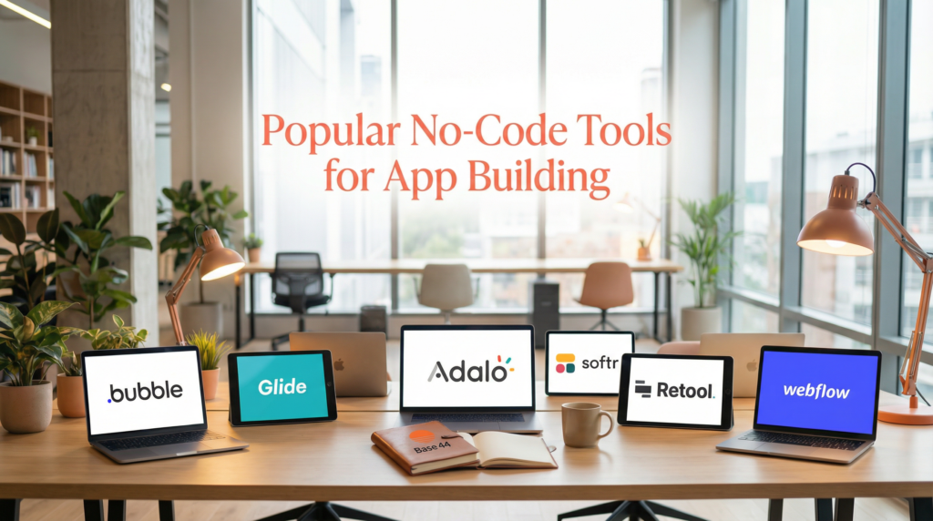 Open-plan office with laptops and tablets on a long desk, illustrating Build apps without coding using a range of no-code platforms in a modern workspace.