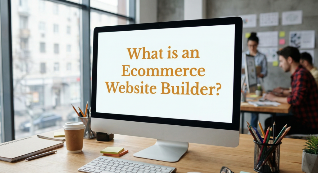 Computer screen displaying the question "What is an ecommerce website builder?" in a modern office, introducing the concept of ecommerce website builder.