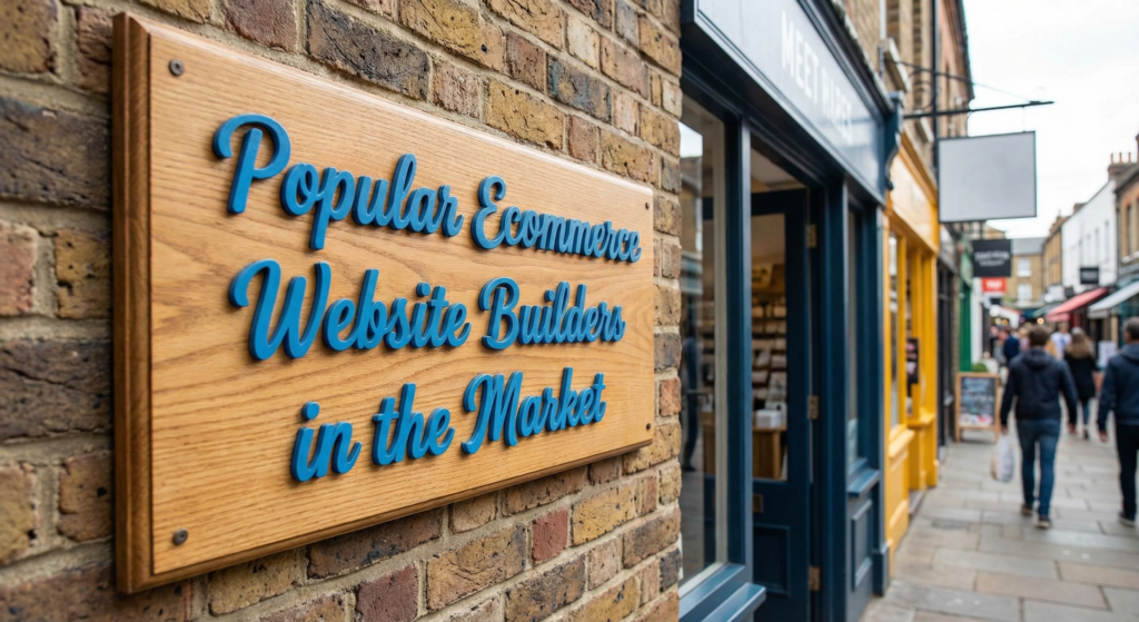 Wooden sign on a brick wall with the text "Popular Ecommerce Website Builders in the Market", highlighting trending ecommerce website builder.