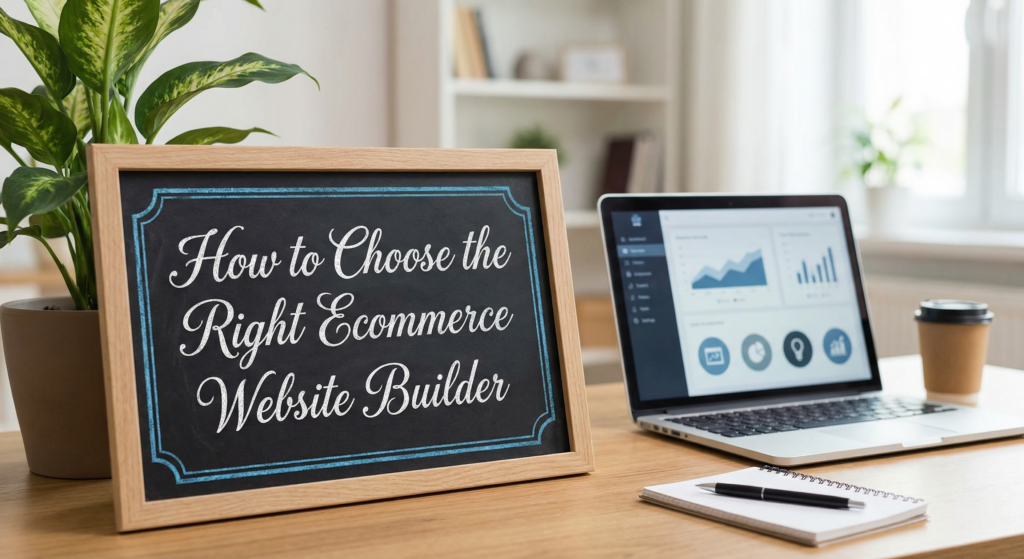 Framed chalkboard with the text "How to Choose the Right Ecommerce Website Builder" next to a laptop with website analytics, highlighting decision-making for ecommerce website builders.