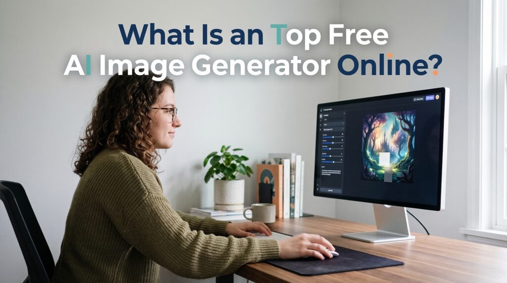 A woman using a computer to create digital art with a top free AI image generator online in a modern home office setting.