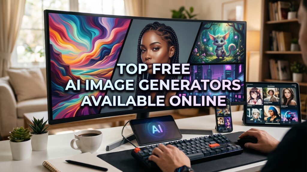 A person using a desktop computer and tablet to explore top free AI image generator online tools for creating digital artwork in a home office.