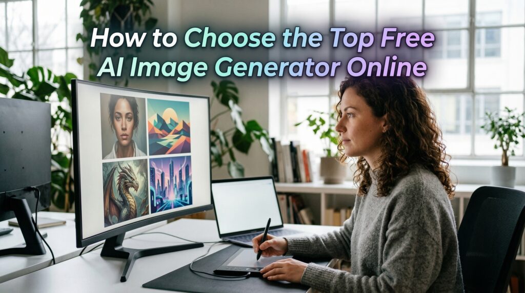 A woman using a drawing tablet and computer to explore how to choose the top free AI image generator online for creating digital artwork.