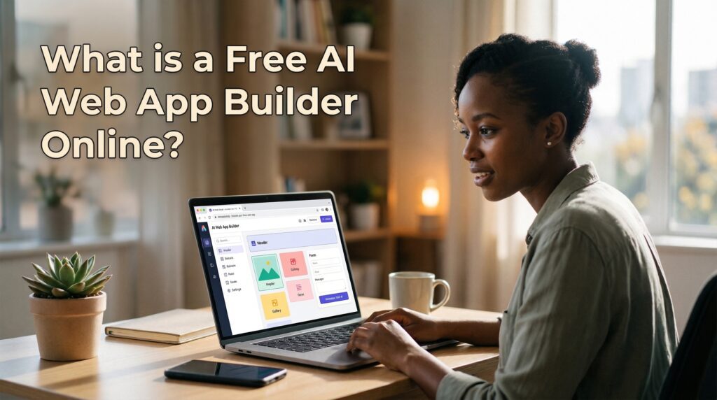 A person using a laptop to create a website with a free AI web app builder online in a modern home office setting.