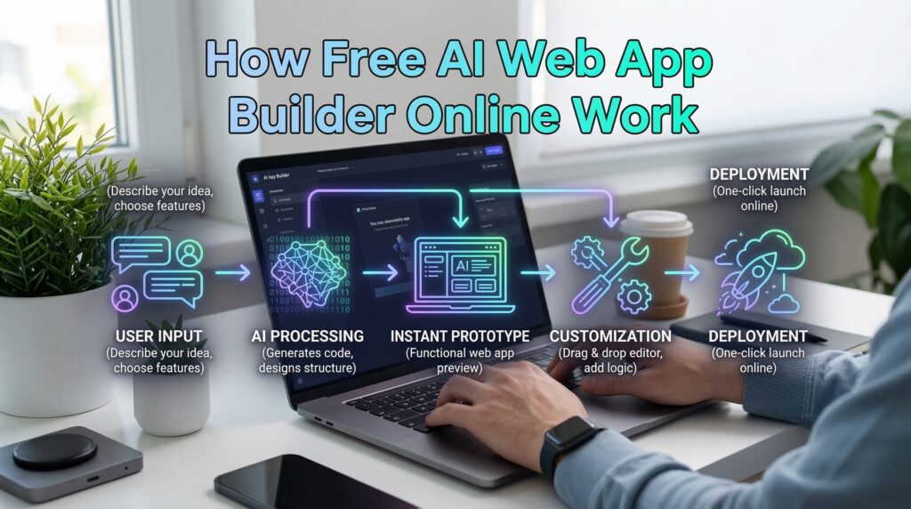 Person using a laptop to build a website with a free AI web app builder online, showing a step-by-step digital workflow in a modern workspace.
