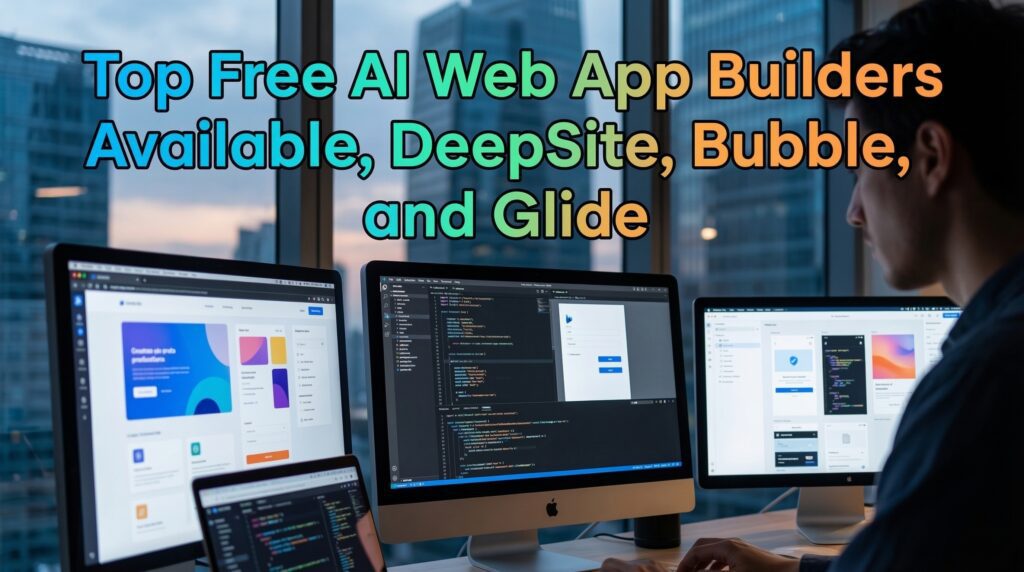 Person working at a desk with multiple monitors displaying websites created using a free AI web app builder online in a modern office environment.