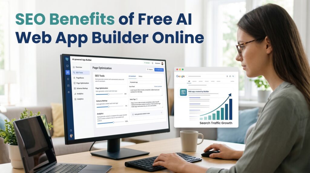 Woman working at a desk with a desktop computer displaying SEO optimization tools and a graph showing an increase in website traffic.