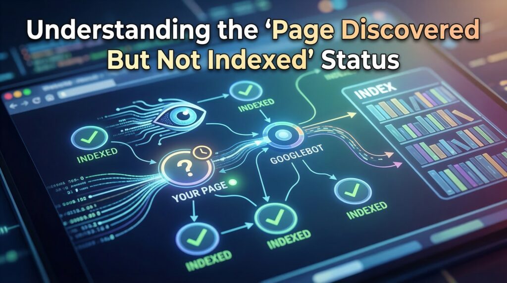 A digital illustration showing the process of page discovered but not indexed in Google search, highlighting indexing flow and search engine analysis.