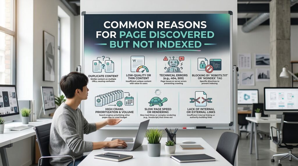 An office worker reviews a presentation on common reasons for page discovered but not indexed, highlighting SEO and technical website issues.