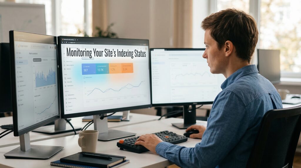 A man analyzing website analytics on multiple monitors to identify page discovered but not indexed issues for improved SEO performance.