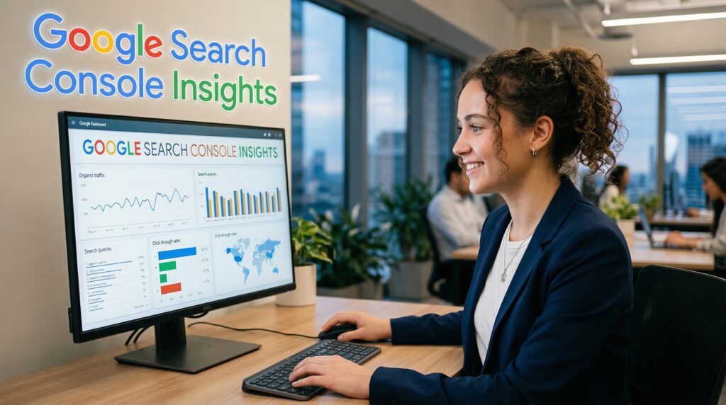 A woman in a modern office analyzing website performance data and search analytics on a desktop computer using Google Search Console Insights.
