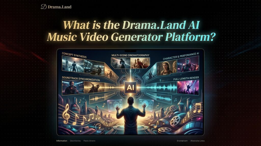 A person interacting with a futuristic AI music video generator platform, surrounded by visual elements representing concept synthesis, cinematography, and soundtrack synchronization.