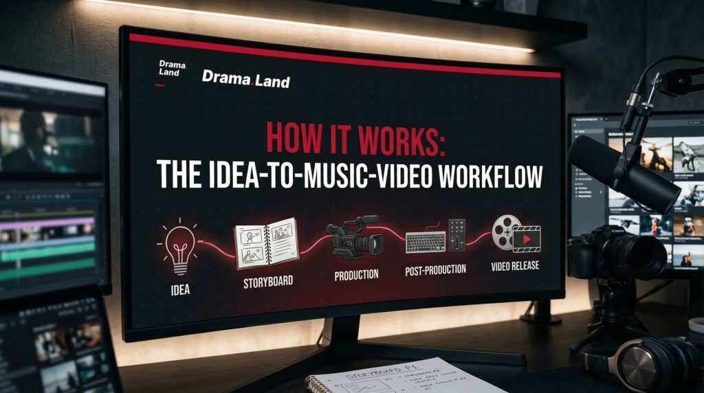 A creative workspace featuring video production equipment and a computer screen illustrating the workflow of an AI music video generator platform from idea to release.