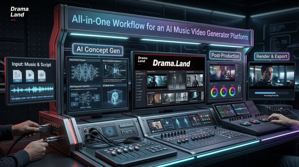 A high-tech video production setup showcasing an AI music video generator platform with multiple screens displaying AI concept generation, post-production, and rendering processes.